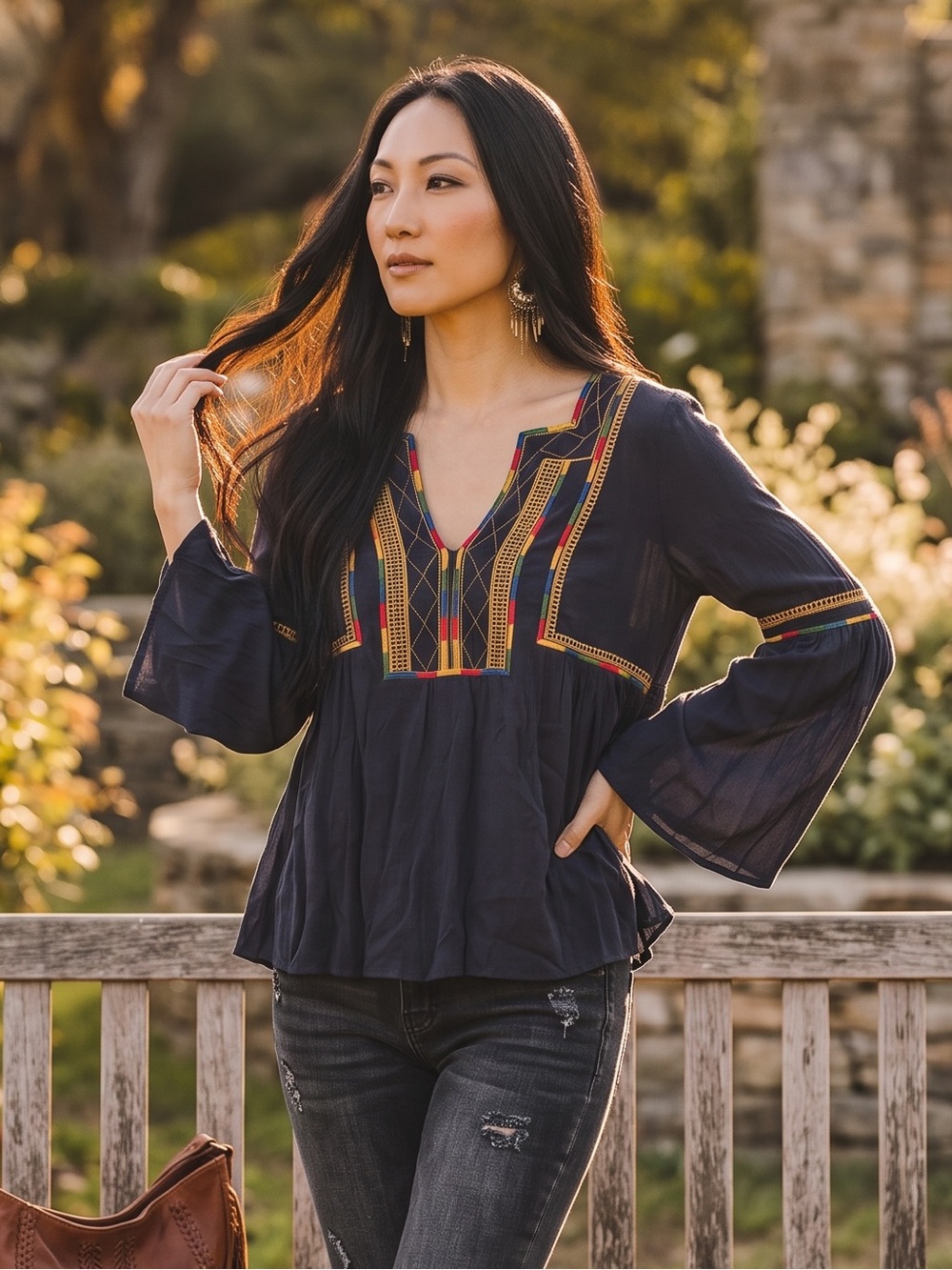 Sugarlips Navy Embroidered Peasant Blouse - Picture 3 of 7